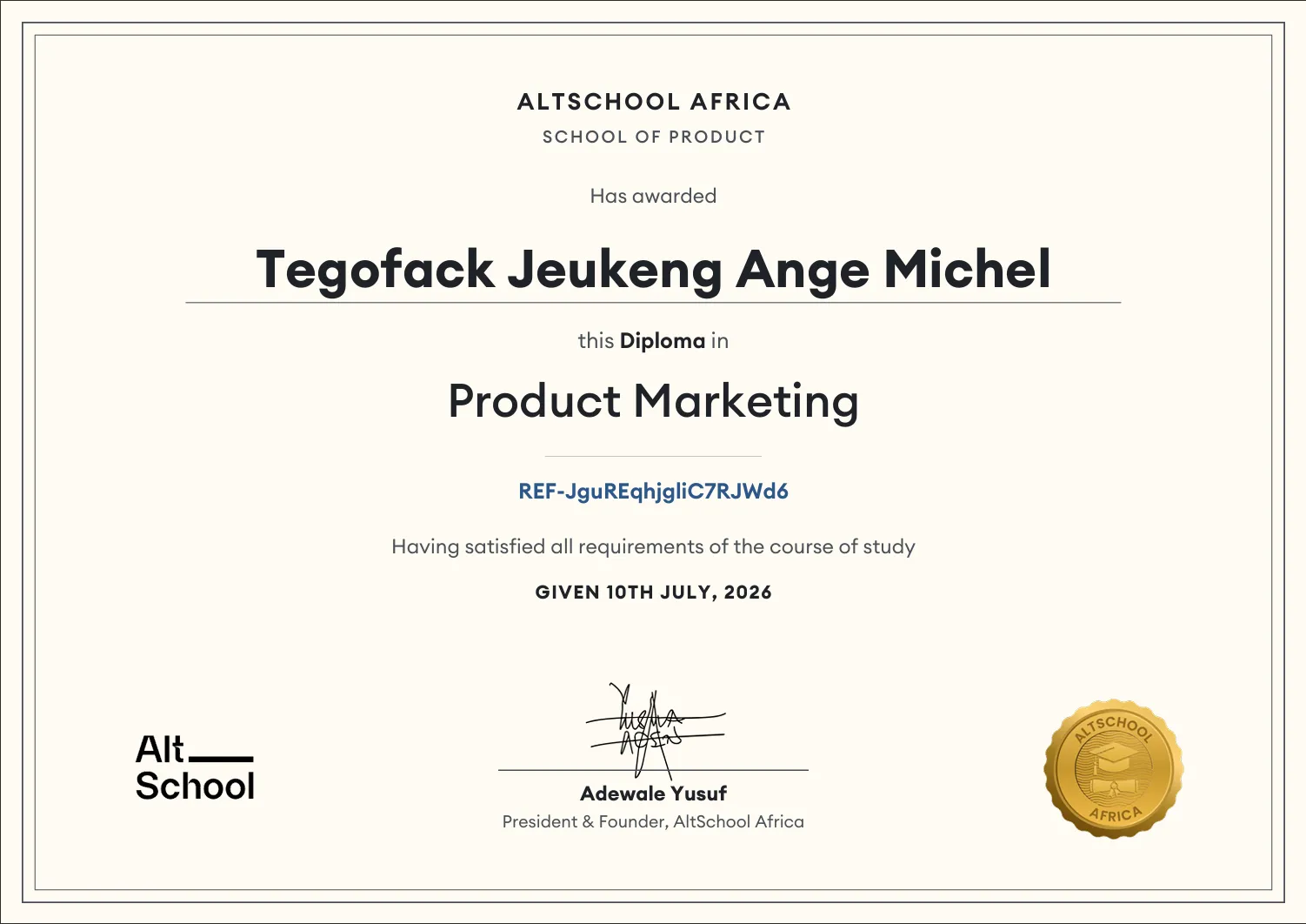 Diplôme AltSchool Africa, School of Product, décerné à Tegofack Jeukeng Ange Michel en Product Marketing, daté du 10 juillet 2026.