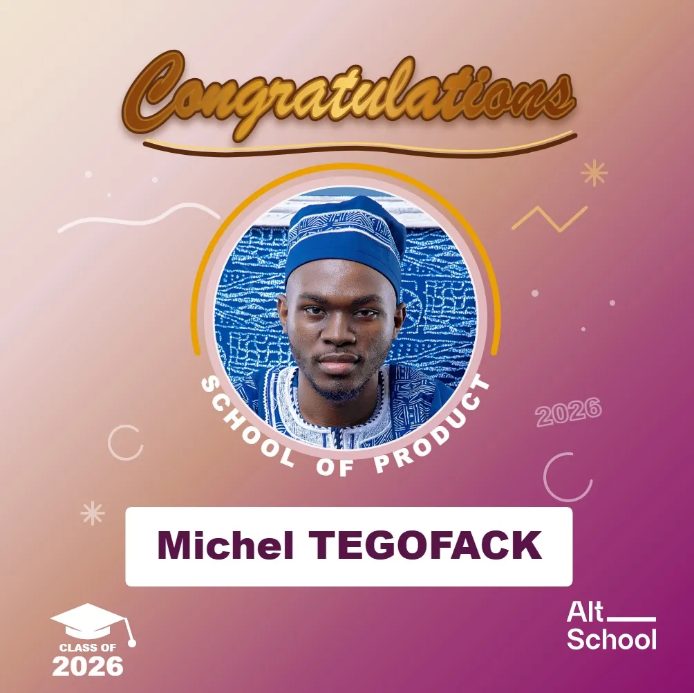 Carte « Congratulations, School of Product » au nom de Michel Tegofack, promo 2026.